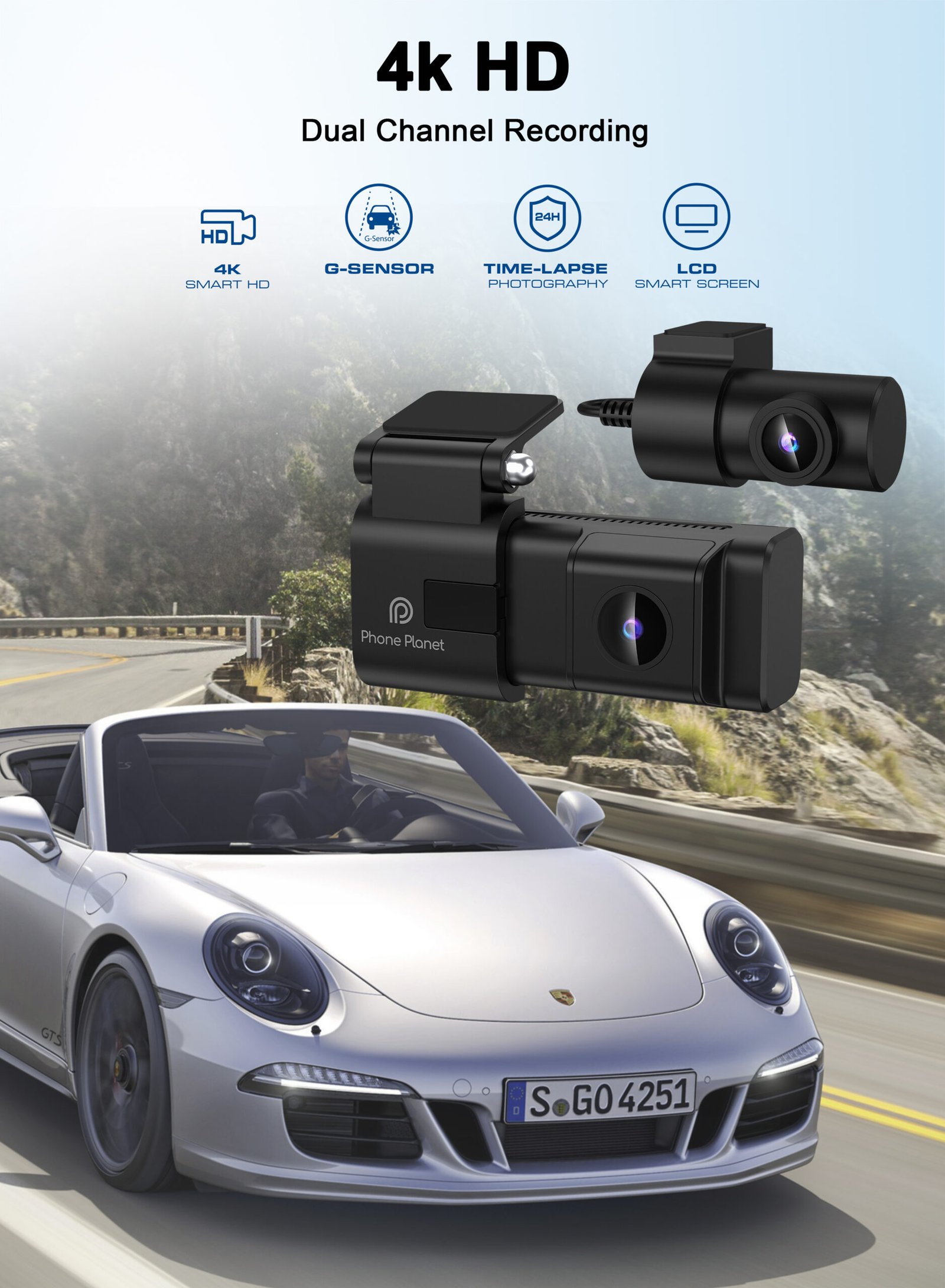 Phone Planet 4K Dual Channel Car Dash Cam – Front & Rear Camera – Smart ...