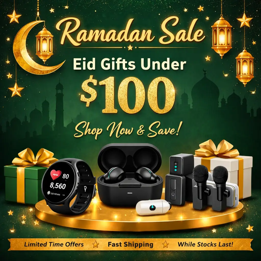 Ramadan Eid Sale banner showing smart watches, earbuds, and wireless microphones under $100 with Islamic gold lantern design